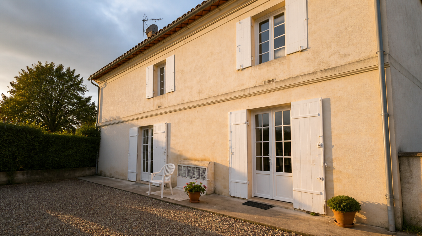 Ambiance de fin de journee sur la facade creme et ses menuiseries blanches