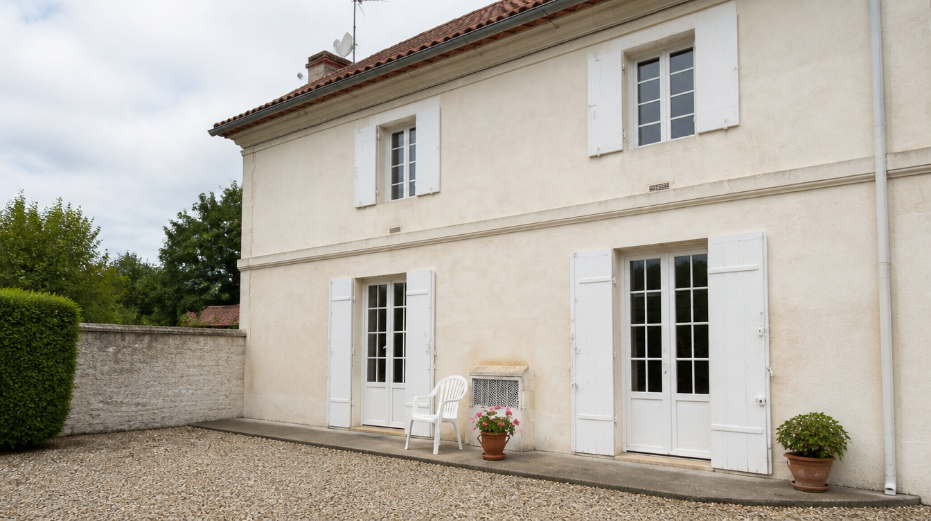 Maison enduite creme avec porte vitree PVC blanche et volets blancs sur cour en gravier