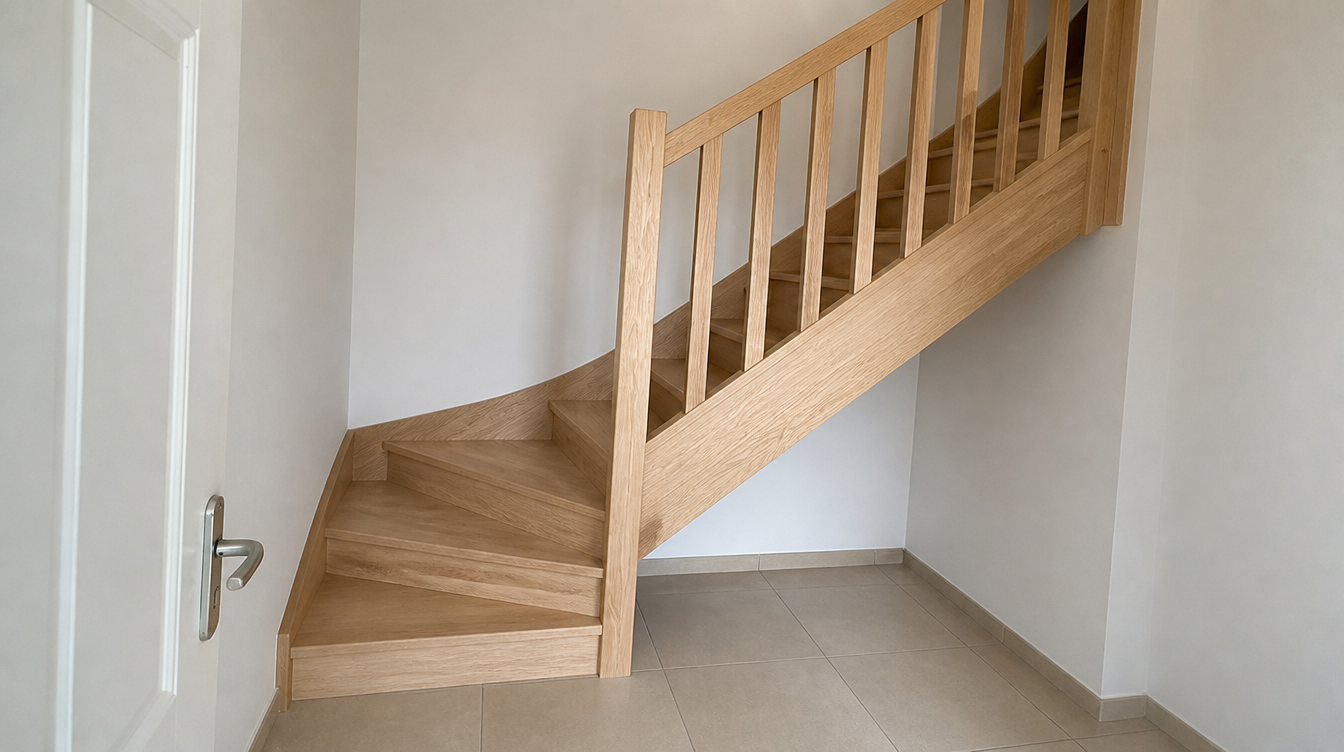 Escalier bois quart tournant vu en entier depuis l'angle de la piece