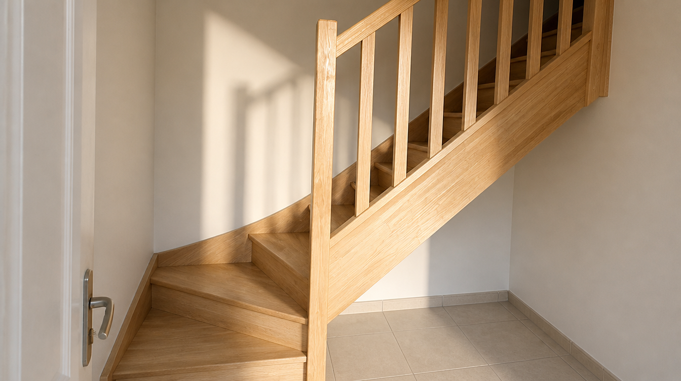 Lumiere douce de fin de journee sur l'escalier bois et le sol carrele