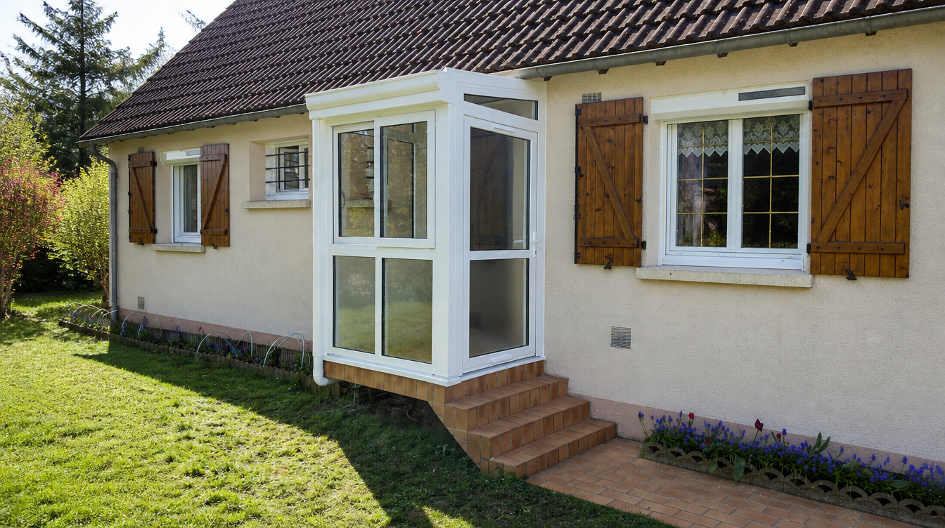 Sas d'entree en aluminium blanc vu en trois-quarts depuis la pelouse