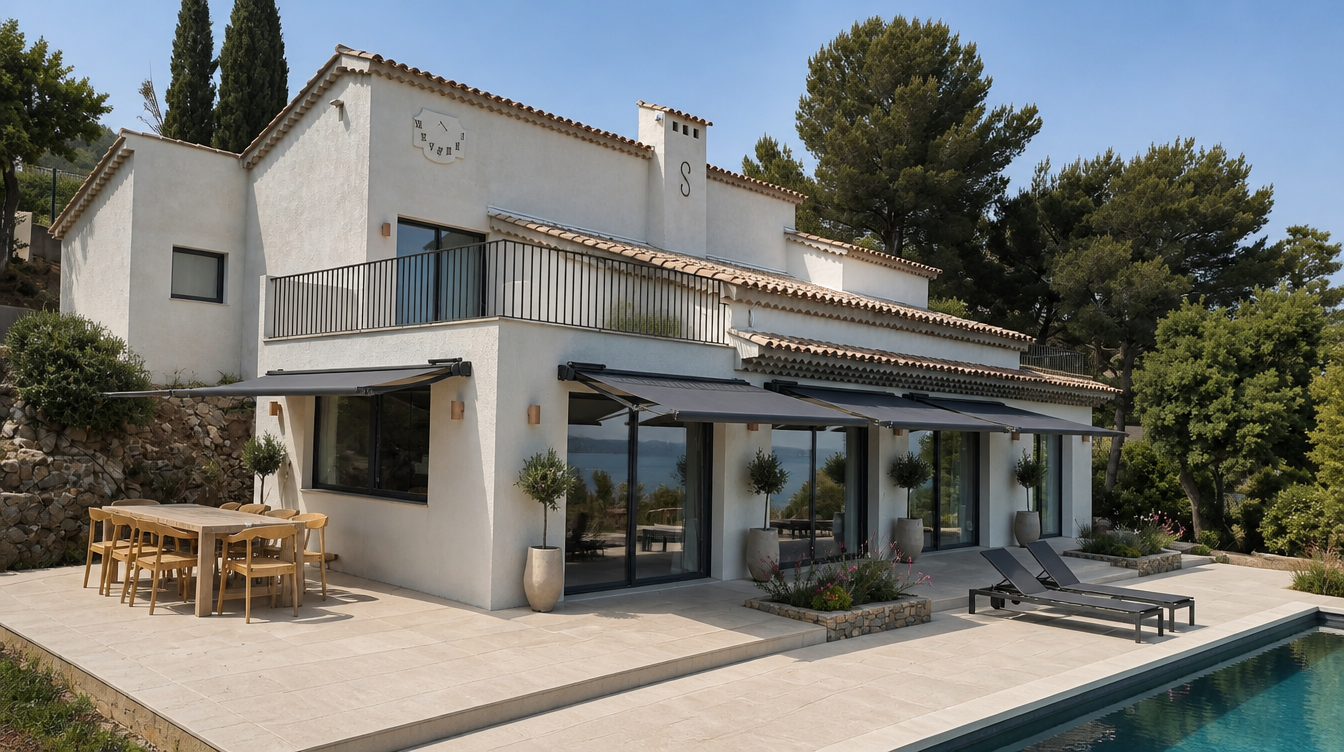Vue large de la villa blanche avec quatre stores coffres anthracite deployes sur la terrasse