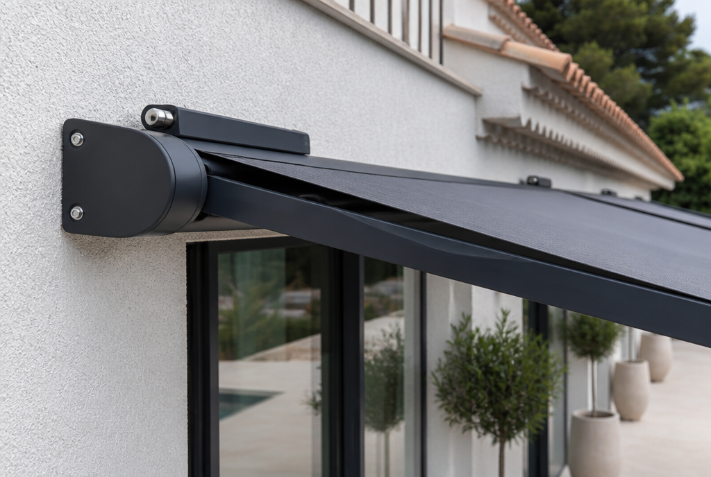 Detail du coffre aluminium anthracite, du bras articule et de la toile grise du store