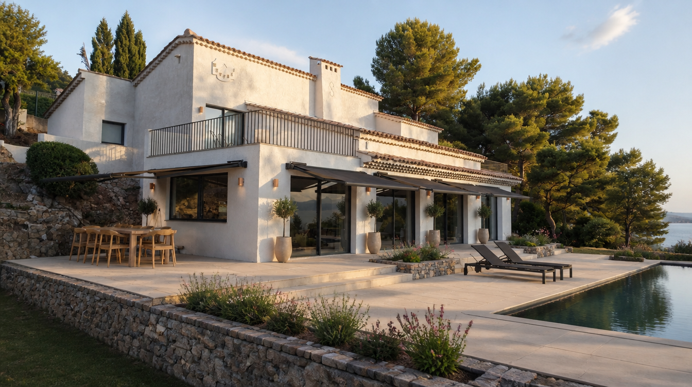 Ambiance de fin de journee sur la terrasse, la piscine et les stores deployes