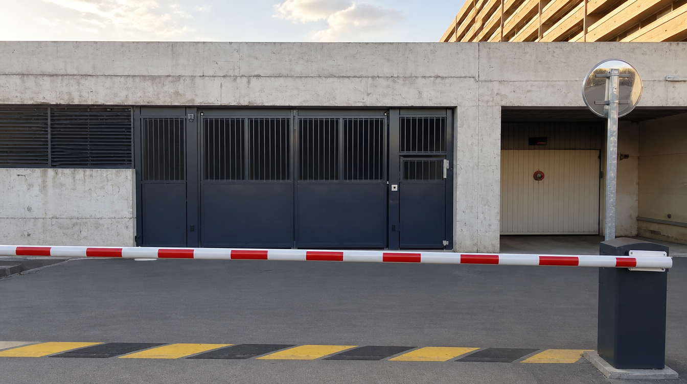 Vue large de l'entree de parking avec portail anthracite ferme et barriere levante abaissee