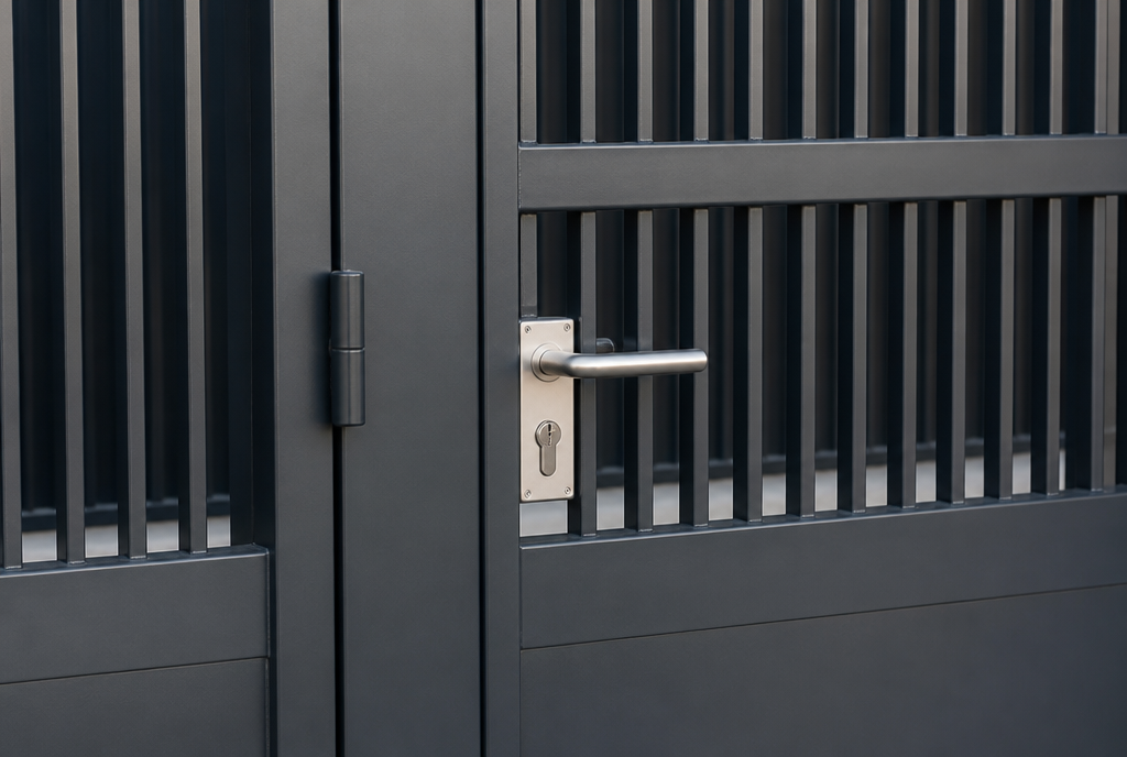 Detail du portillon acier : barreaudage vertical, poignee, serrure et gond anthracite