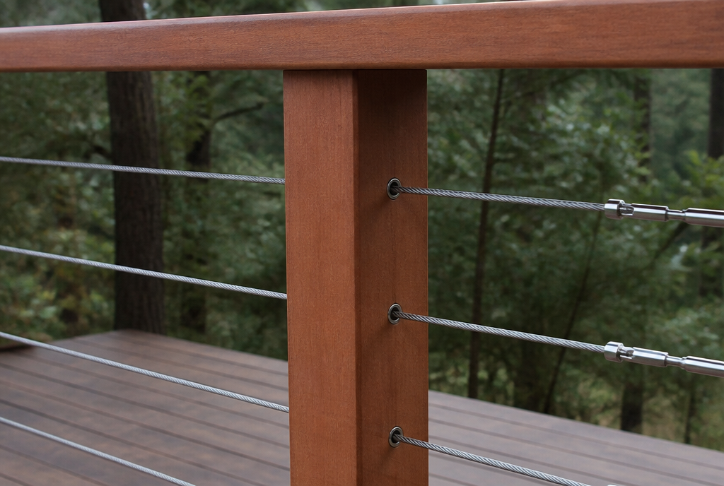 Detail du poteau sapin, des cables inox tendus et des lames bambou