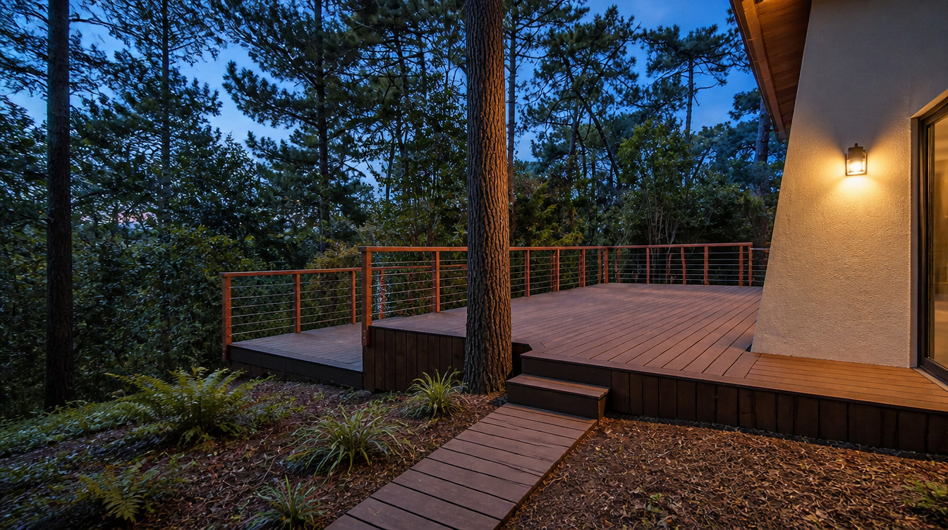 Vue large de la terrasse bois sur pilotis avec garde-corps a cables sous les pins