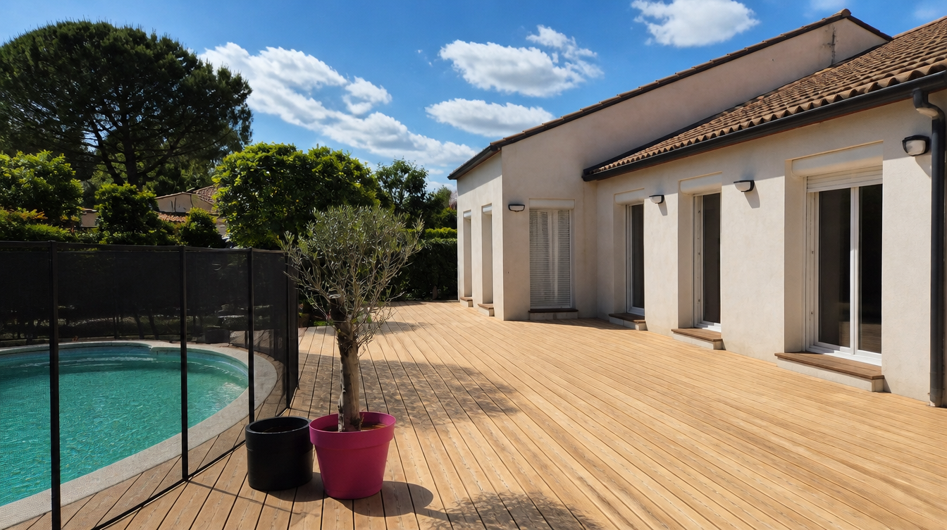 Vue large de la grande terrasse bois longeant la maison jusqu'aux abords de la piscine