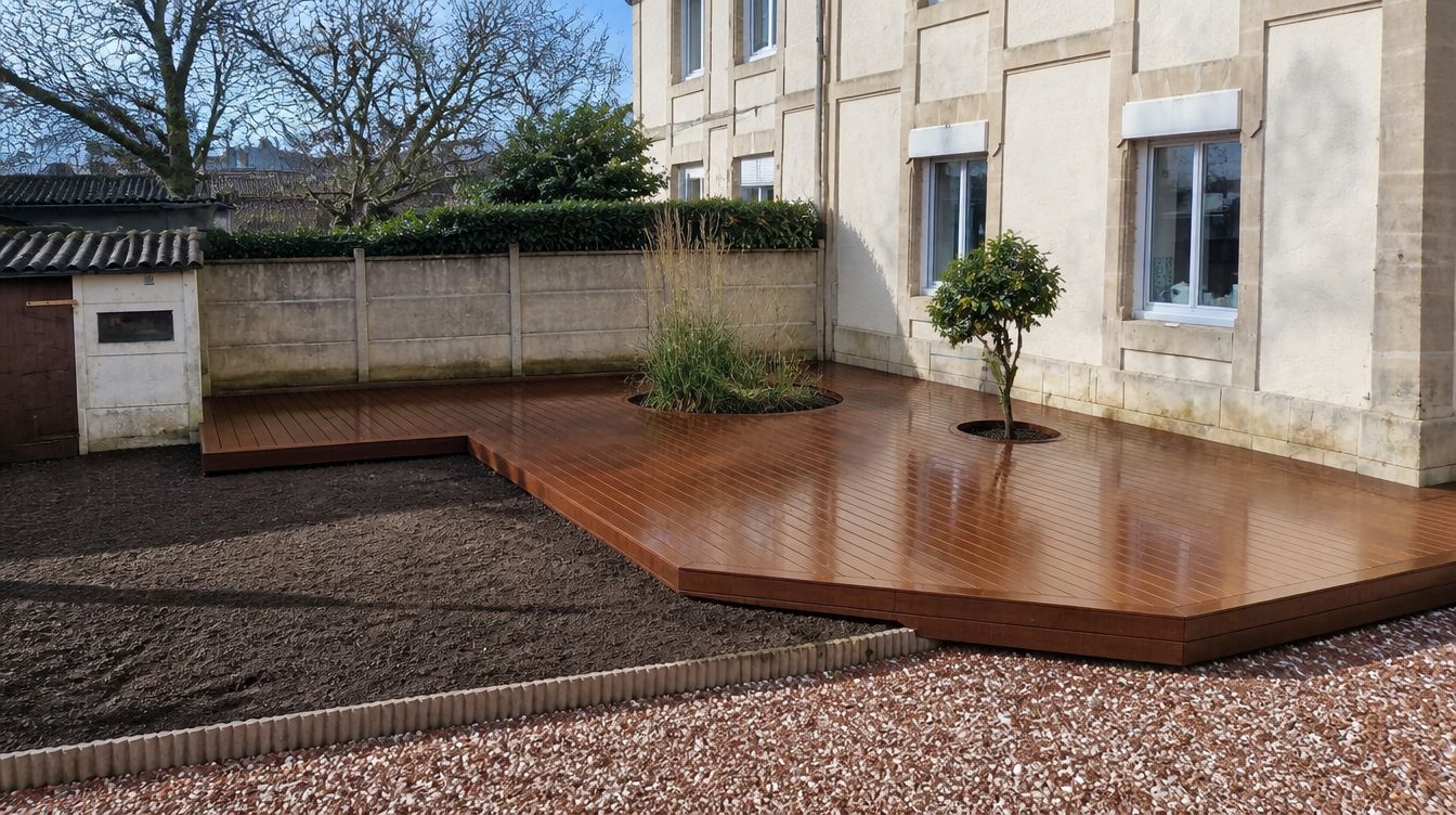 Vue large de la terrasse en lames de bambou installee au pied de la maison