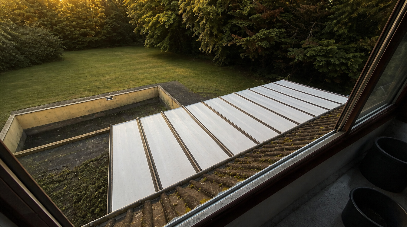 Ambiance de fin de journee sur la toiture de veranda et le jardin boise