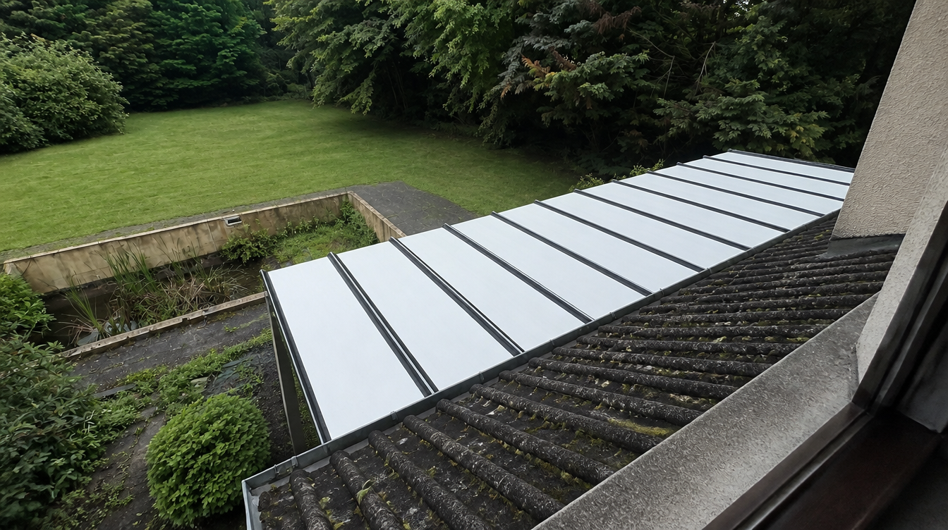 Vue large de la veranda et de sa toiture renovee en panneaux isolants blancs