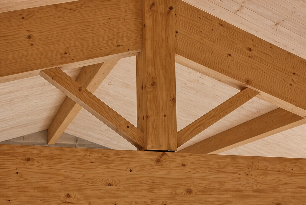 Detail de l'assemblage du poincon et des contrefiches, veinage du bois massif apparent