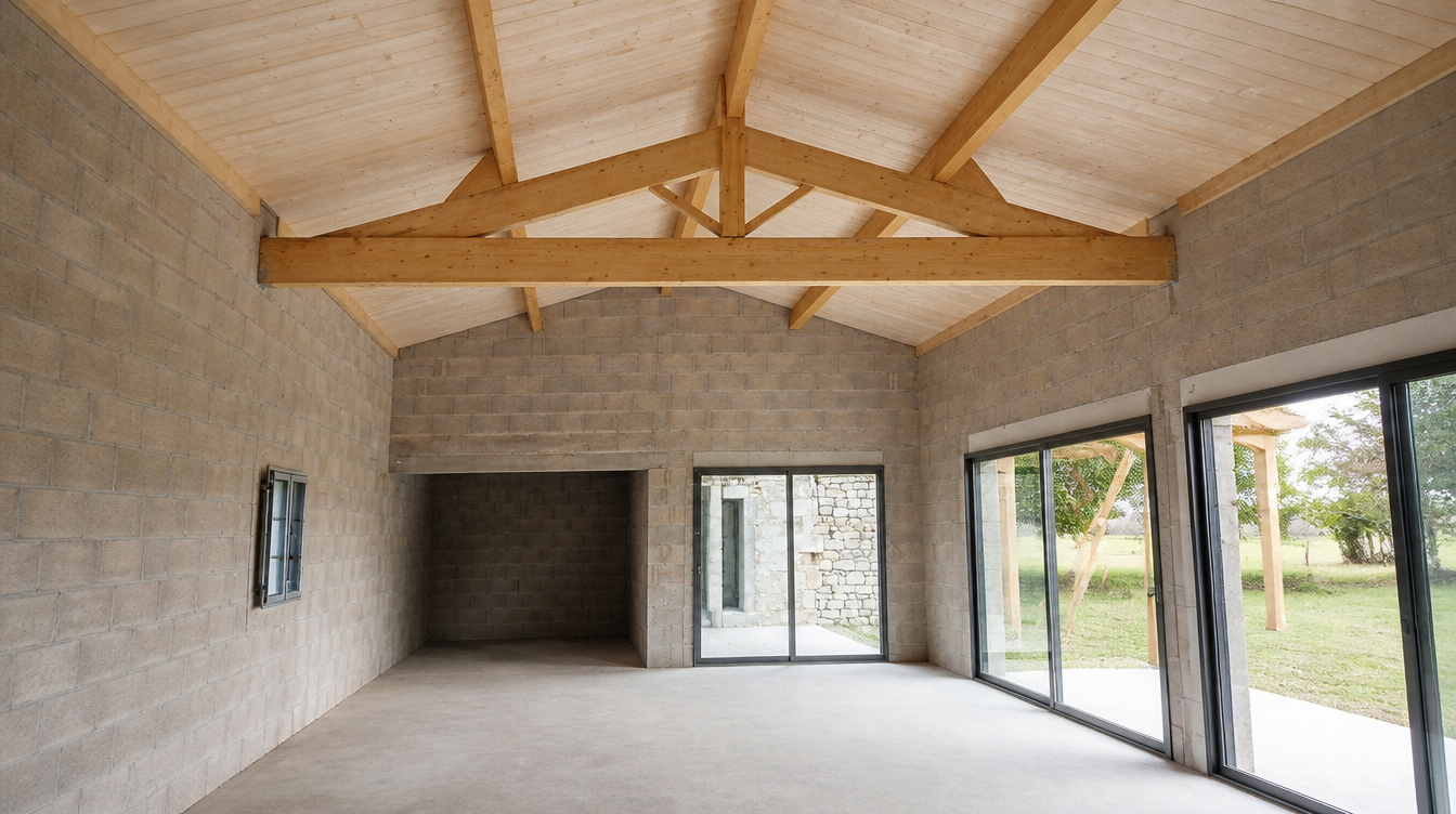 Vue large interieure de la ferme traditionnelle bois et du plafond en lambris sous toiture