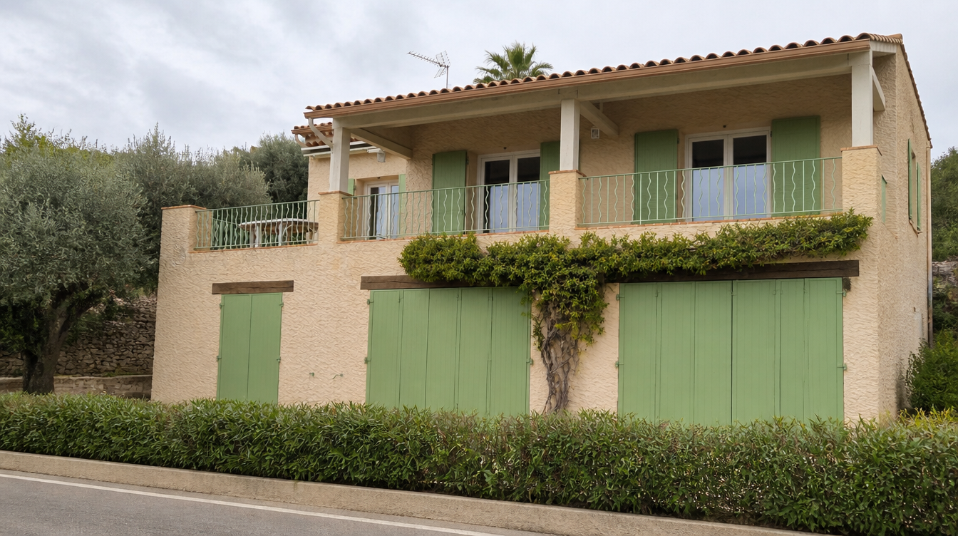 Vue large de la maison mediterraneenne et de ses volets aluminium vert sur les deux niveaux