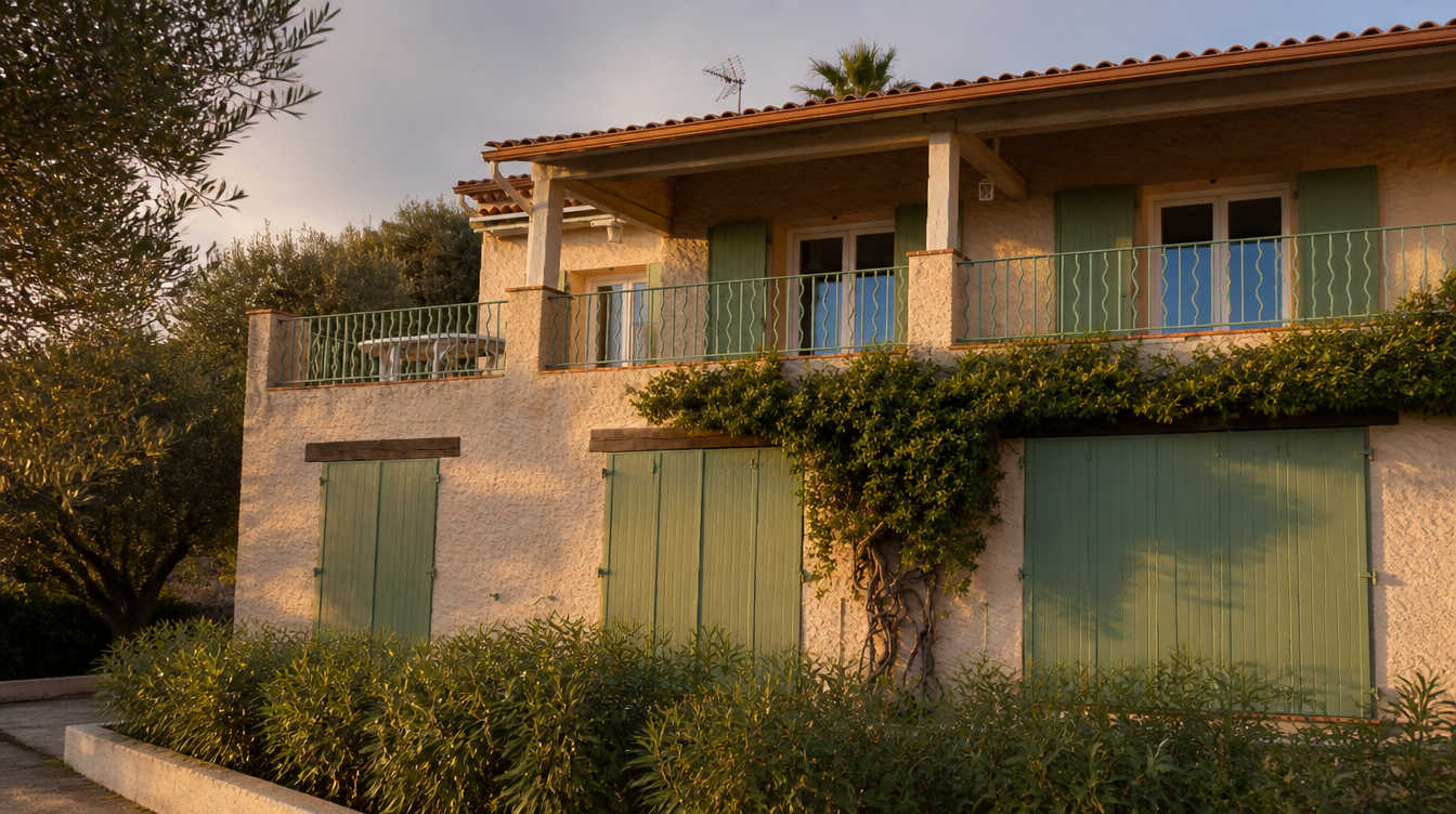 Ambiance de fin de journee sur la facade, volets verts et tuiles sous une lumiere rasante