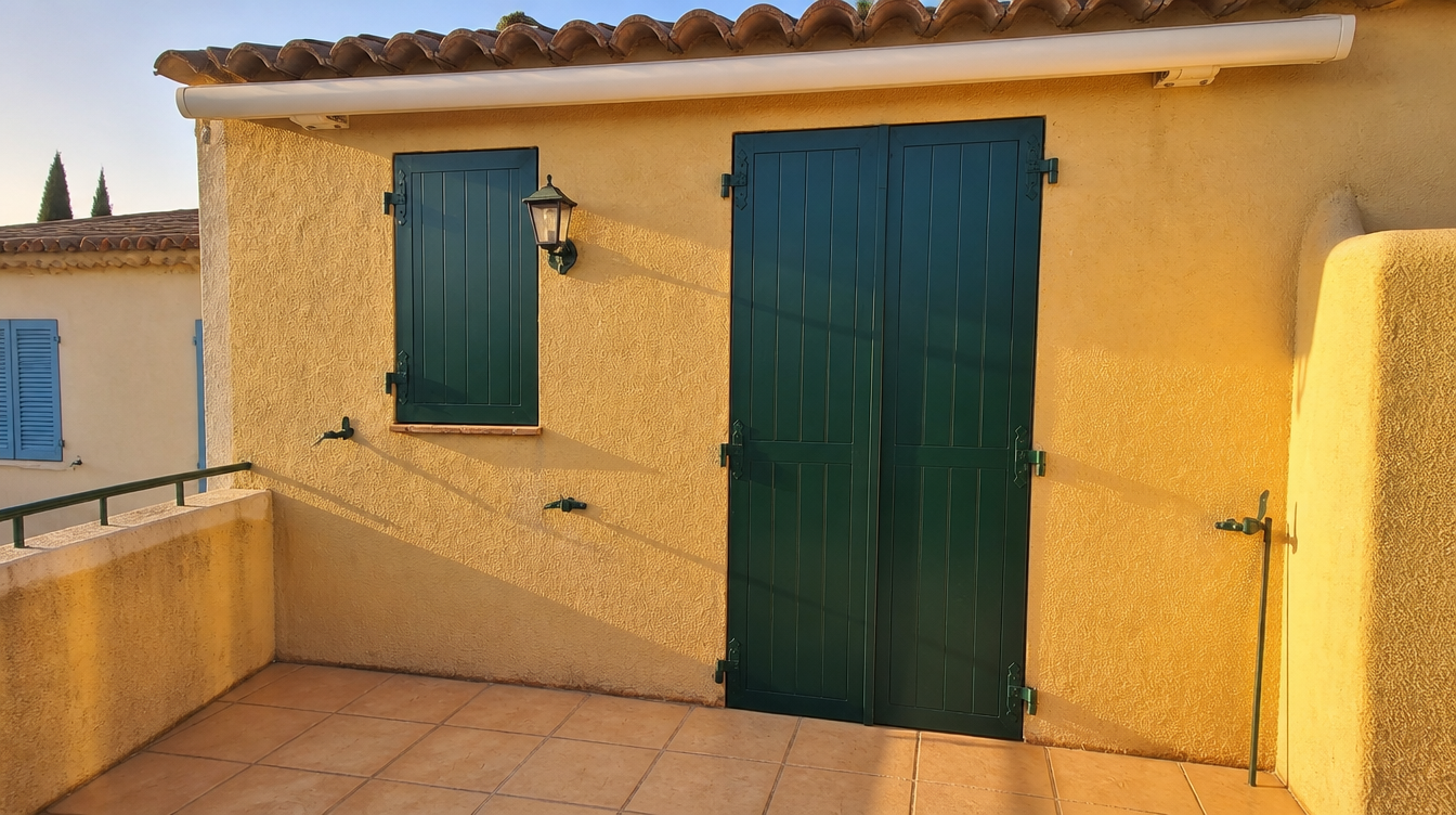 Ambiance de fin de journee, ombres allongees des volets verts sur la terrasse carrelee