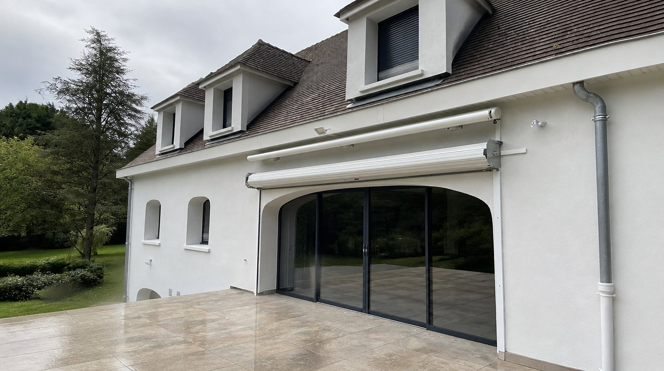 Vue large de la maison et de la baie cintree equipee de son volet roulant solaire blanc