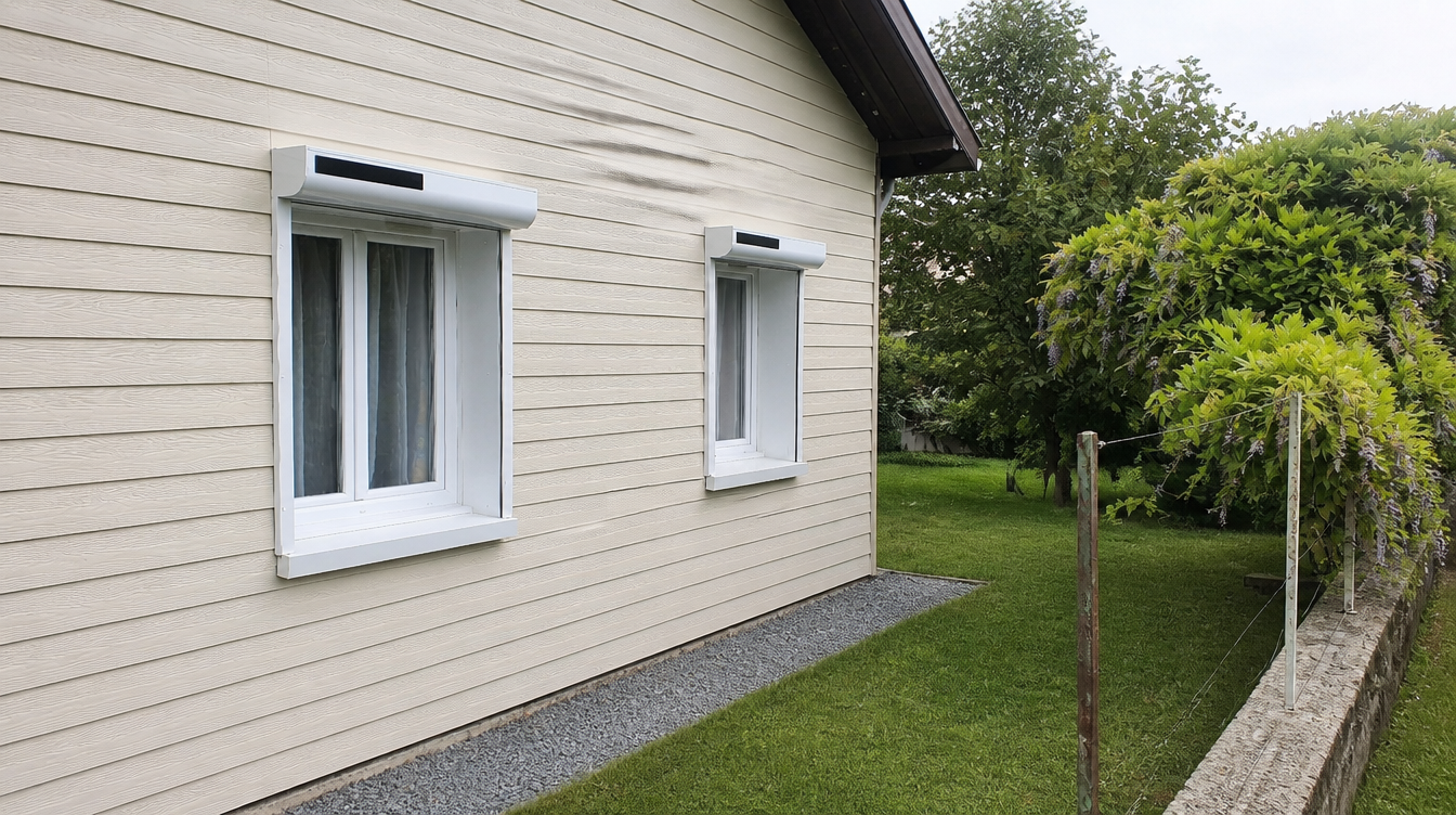 Vue large de la facade bardee et de ses deux volets roulants solaires blancs sur les fenetres