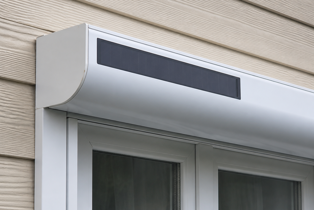 Detail du panneau solaire sombre integre au coffre aluminium blanc et de la coulisse