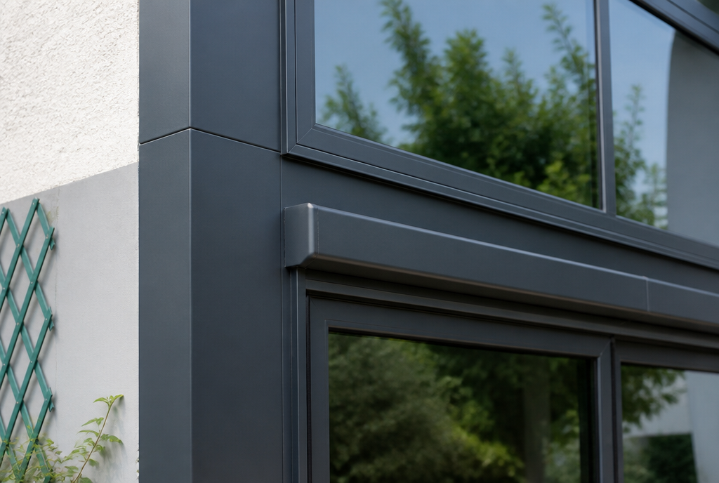 Detail du montant aluminium anthracite entre la baie coulissante et l'etage vitre