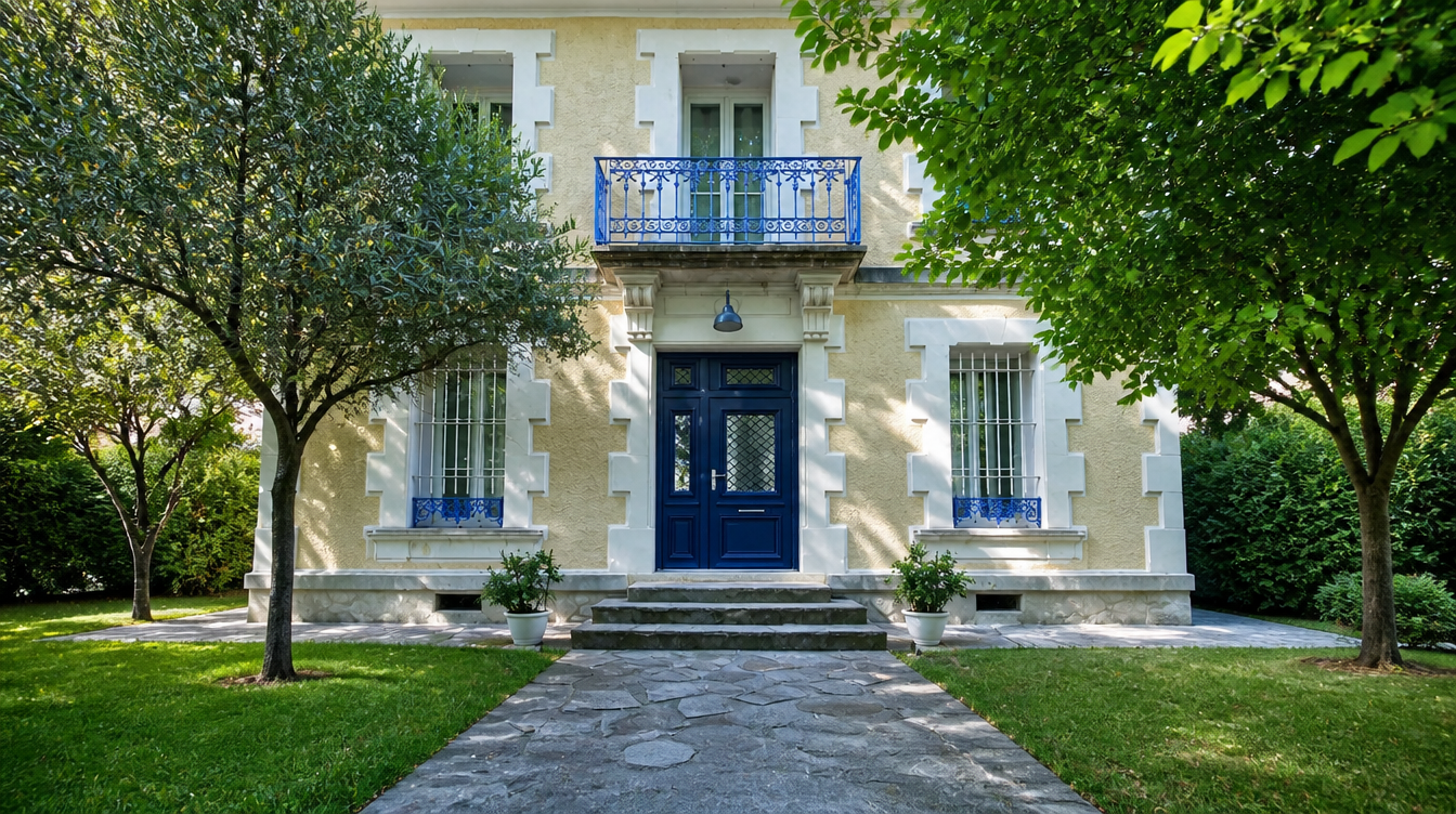 Vue large sur la porte d'entree bleu marine d'une maison de maitre et son allee