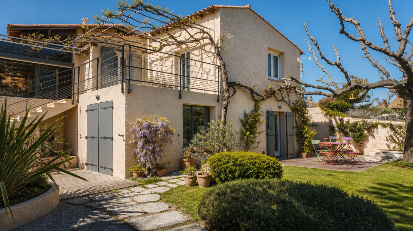 Vue large du garde-corps aluminium anthracite sur la terrasse d'une maison provencale