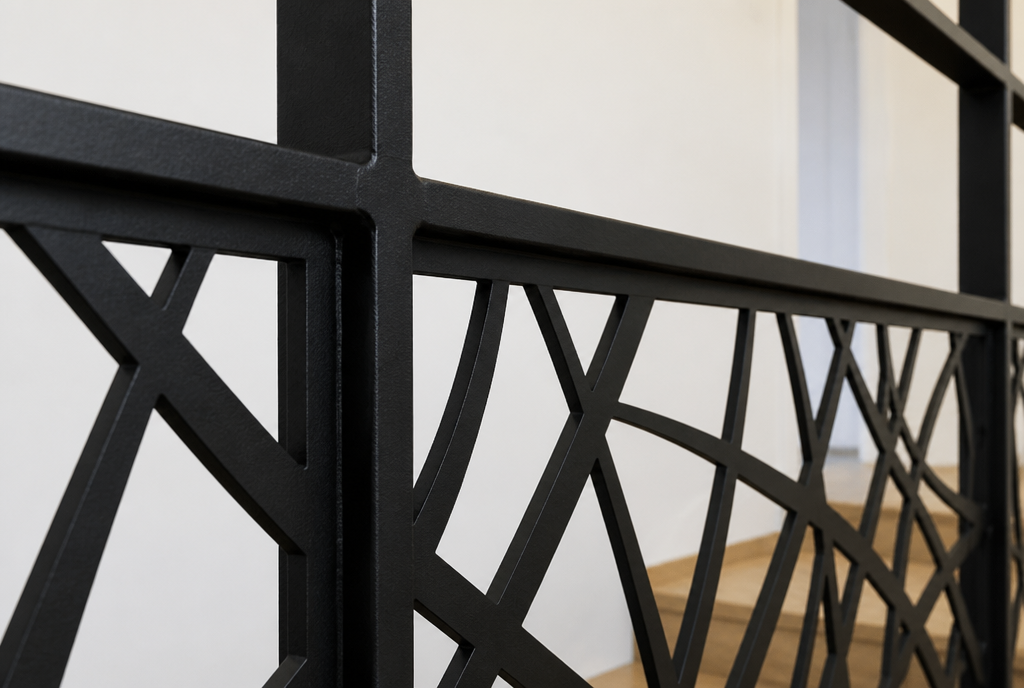 Detail du panneau aluminium noir decoupe laser a motif de courbes entrelacees