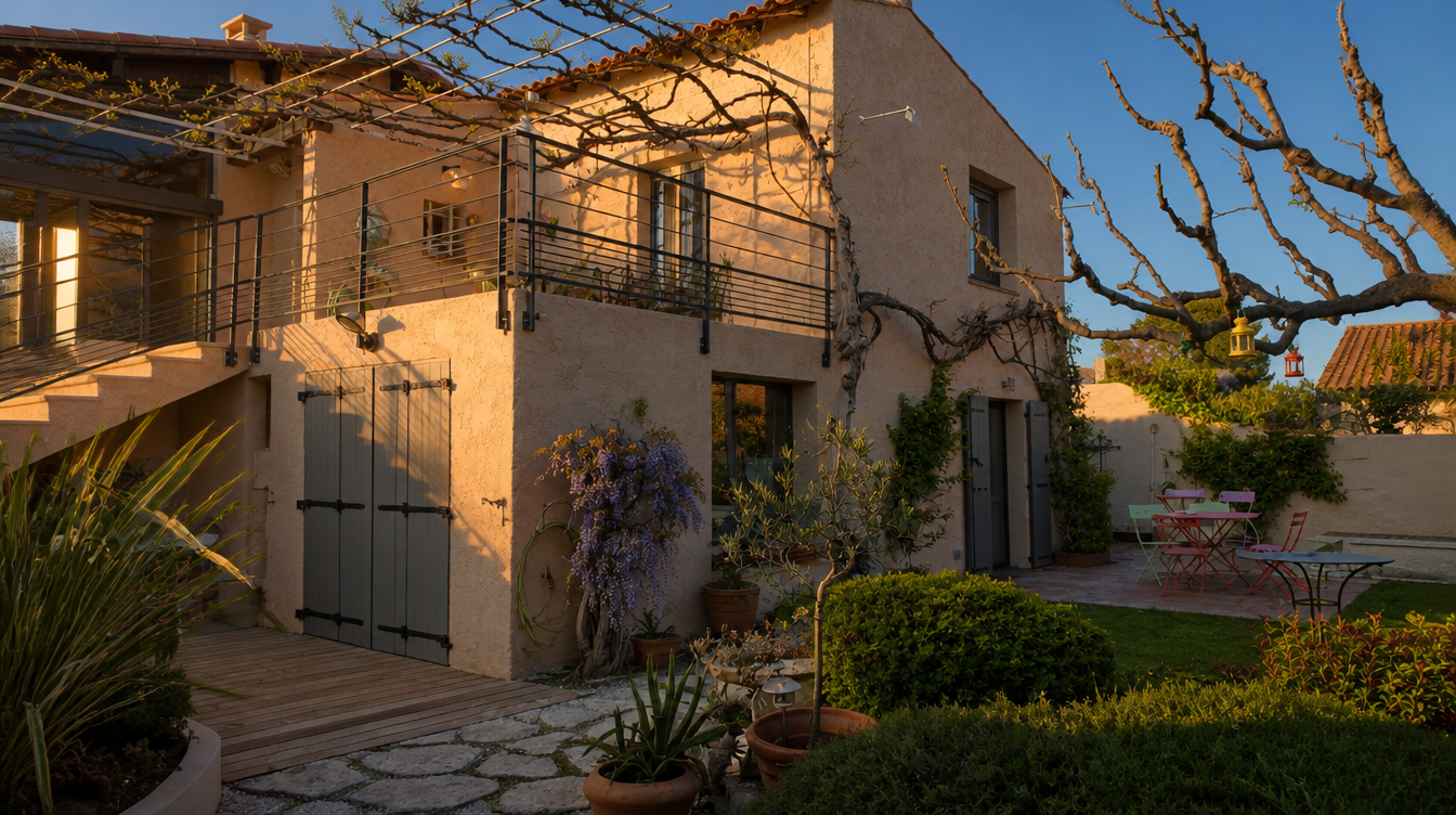 Ambiance de fin de journee sur la maison provencale et son garde-corps de terrasse