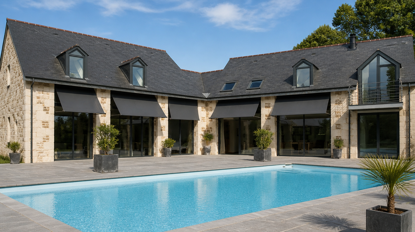 Vue large des cinq stores bannes anthracite deployes sur la facade en pierre