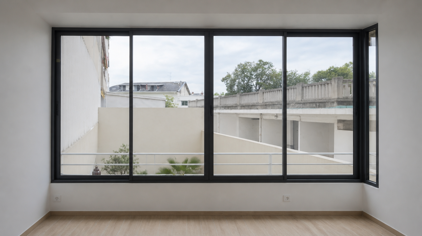 Grande baie coulissante aluminium noir vue de face depuis l'interieur de la piece