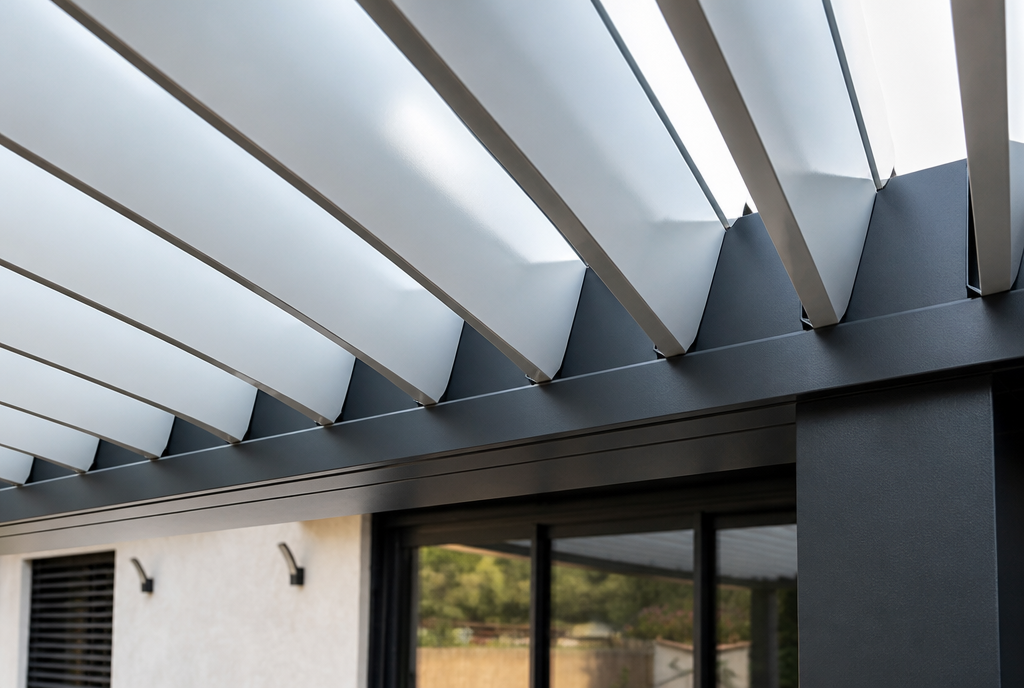 Detail des lames orientables en aluminium et de la poutre anthracite de la pergola