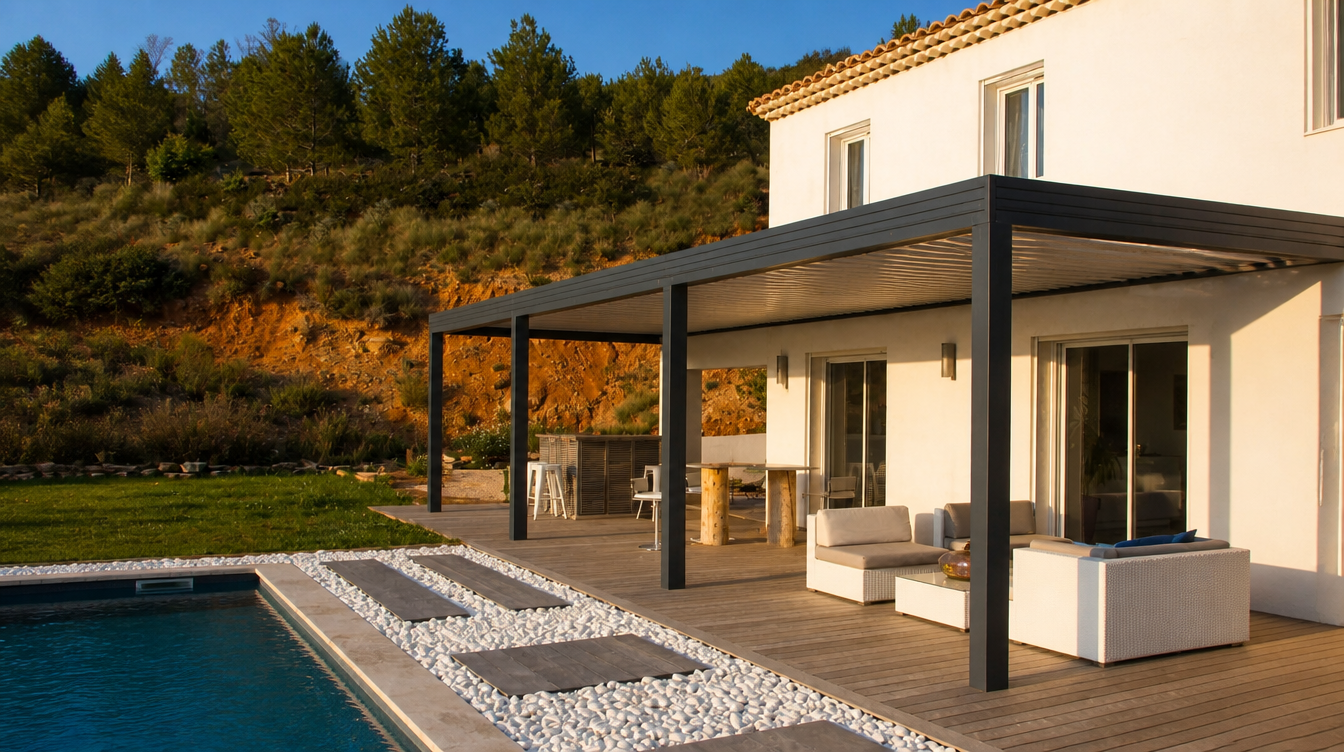 Ambiance de fin de journee sur la pergola bioclimatique et la terrasse de la villa