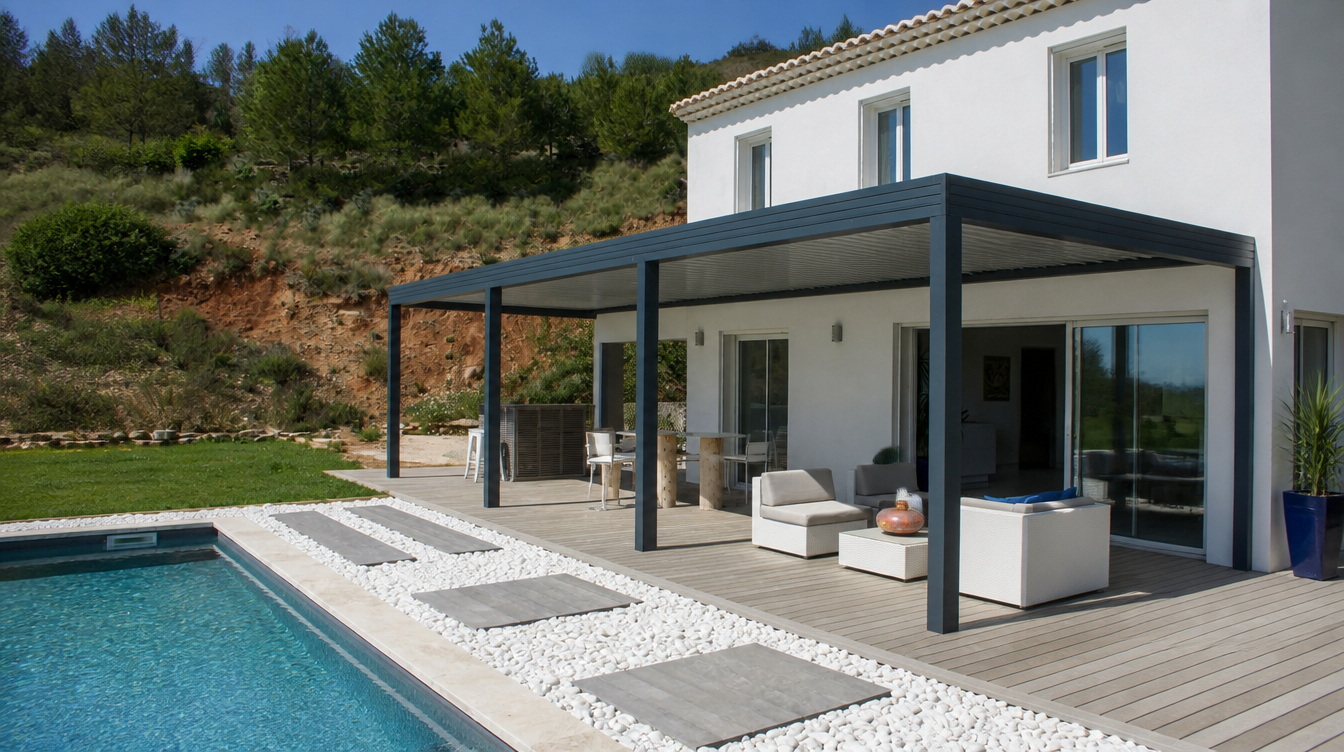 Vue large de la pergola bioclimatique anthracite adossee a la villa, cote piscine