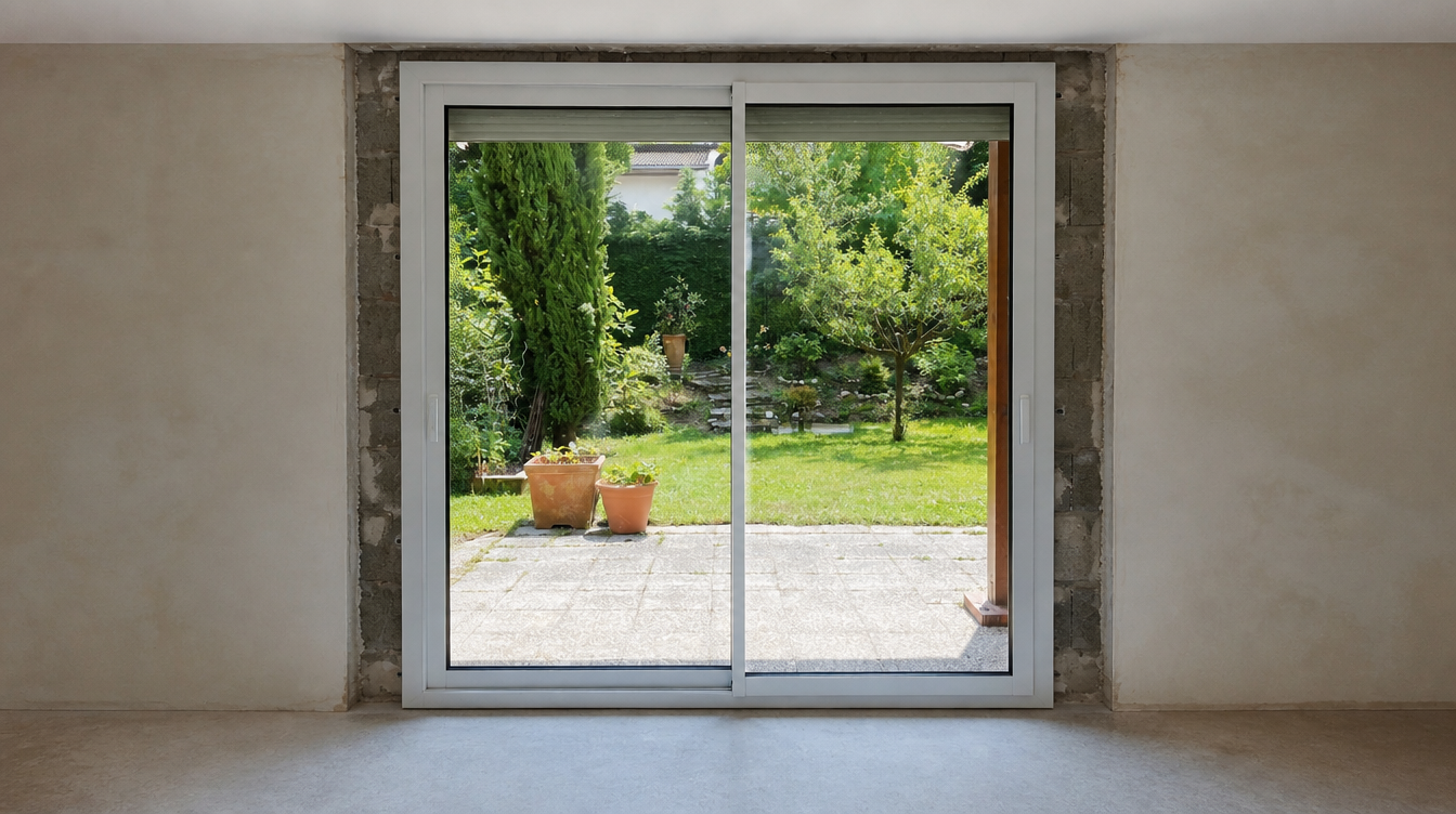 Vue large du coulissant aluminium blanc ouvrant sur le jardin