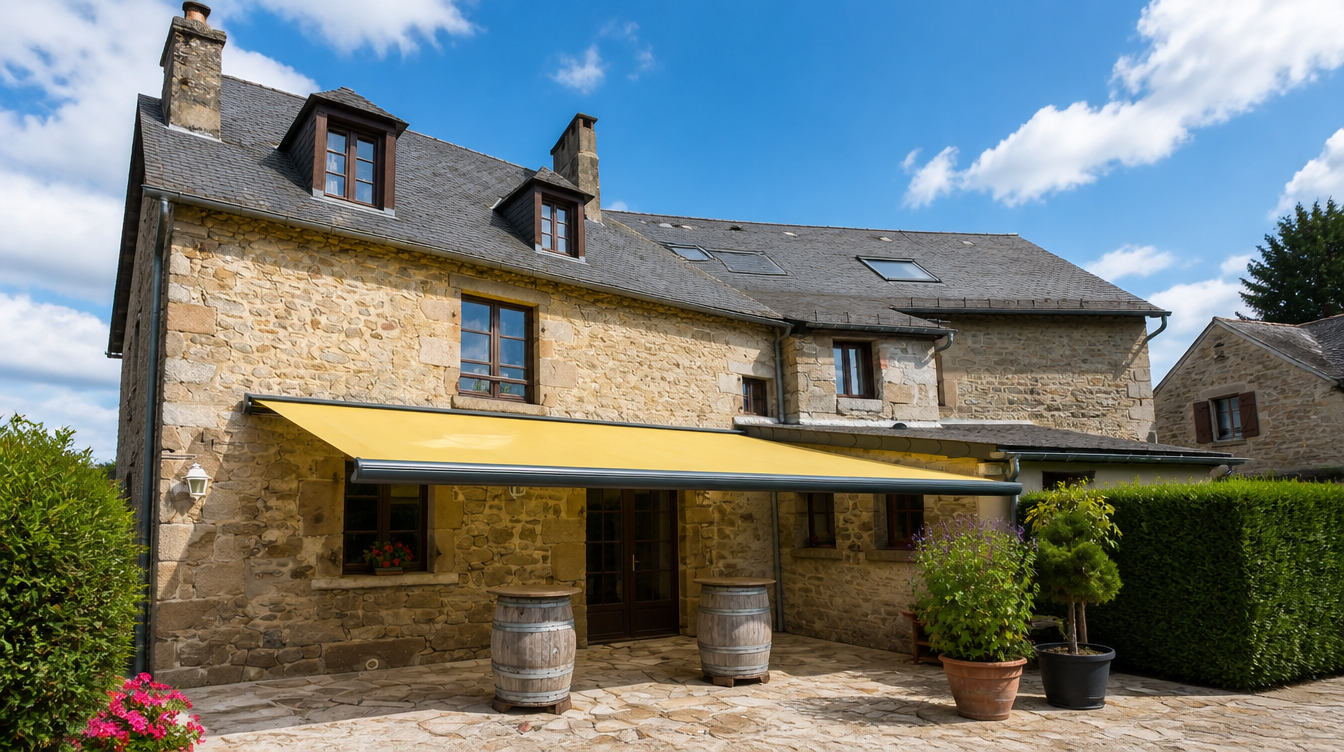 Store banne jaune deploye sur la terrasse d'une batisse en pierre