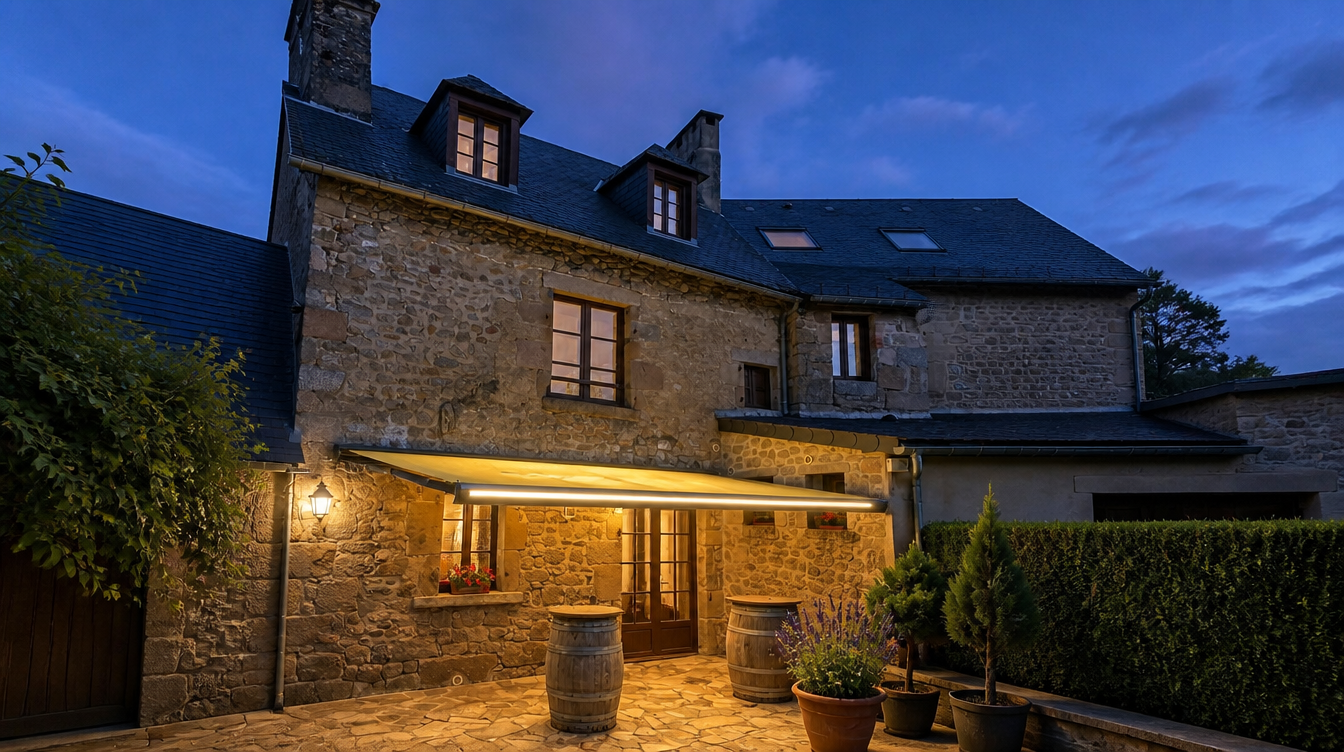 Ambiance au crepuscule, eclairage du store allume sur la terrasse en pierre
