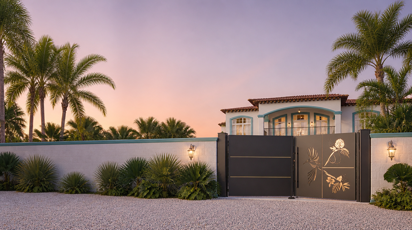 Portail aluminium anthracite à motif découpé rétroéclairé devant une villa méditerranéenne au crépuscule