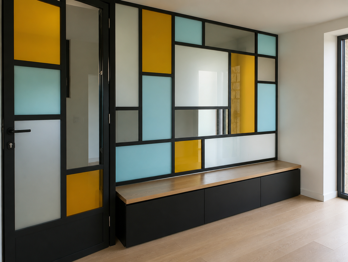 Verrière intérieure en acier noir aux panneaux jaunes et turquoise avec banc en chêne