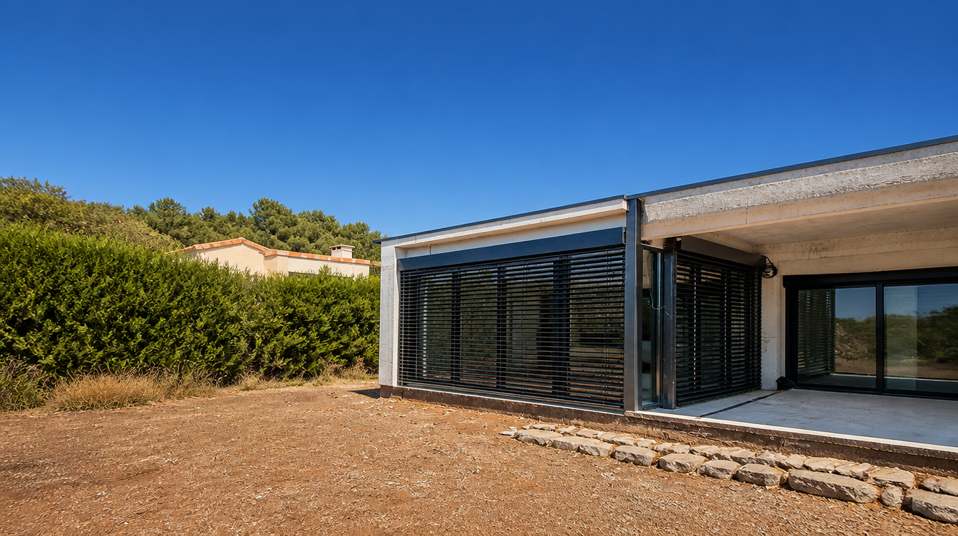 Maison contemporaine avec baies aluminium et brise-soleil orientables noirs dans la garrigue héraultaise