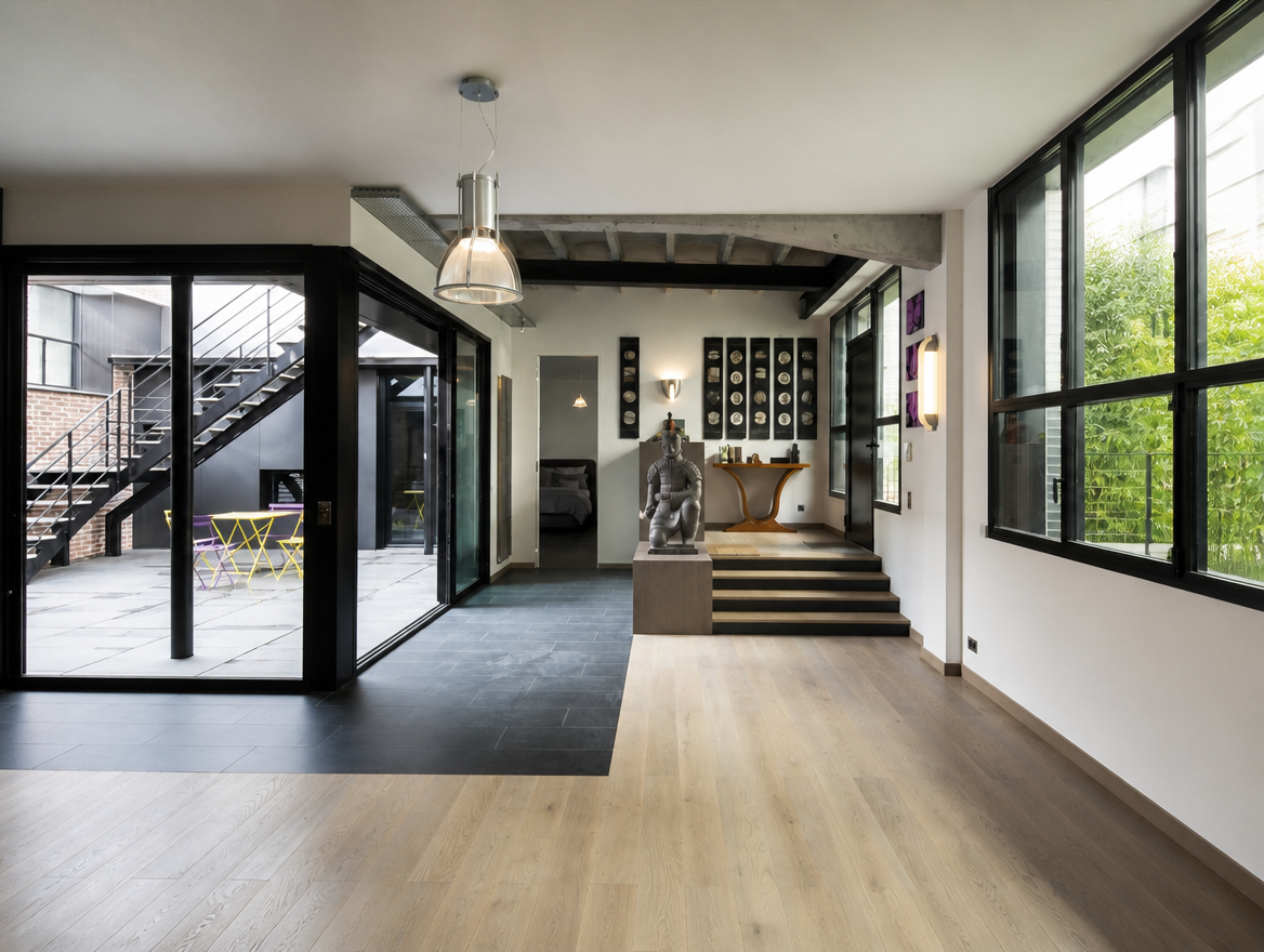 Loft rénové avec grande baie coulissante aluminium noir ouverte sur une cour pavée