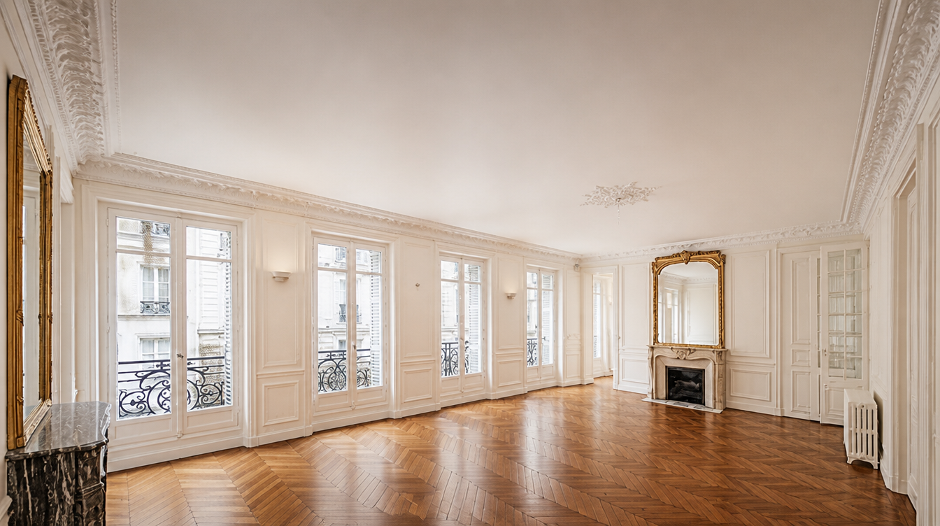 Grand salon haussmannien rénové, parquet à chevrons et hautes fenêtres blanches sur balcons en fer