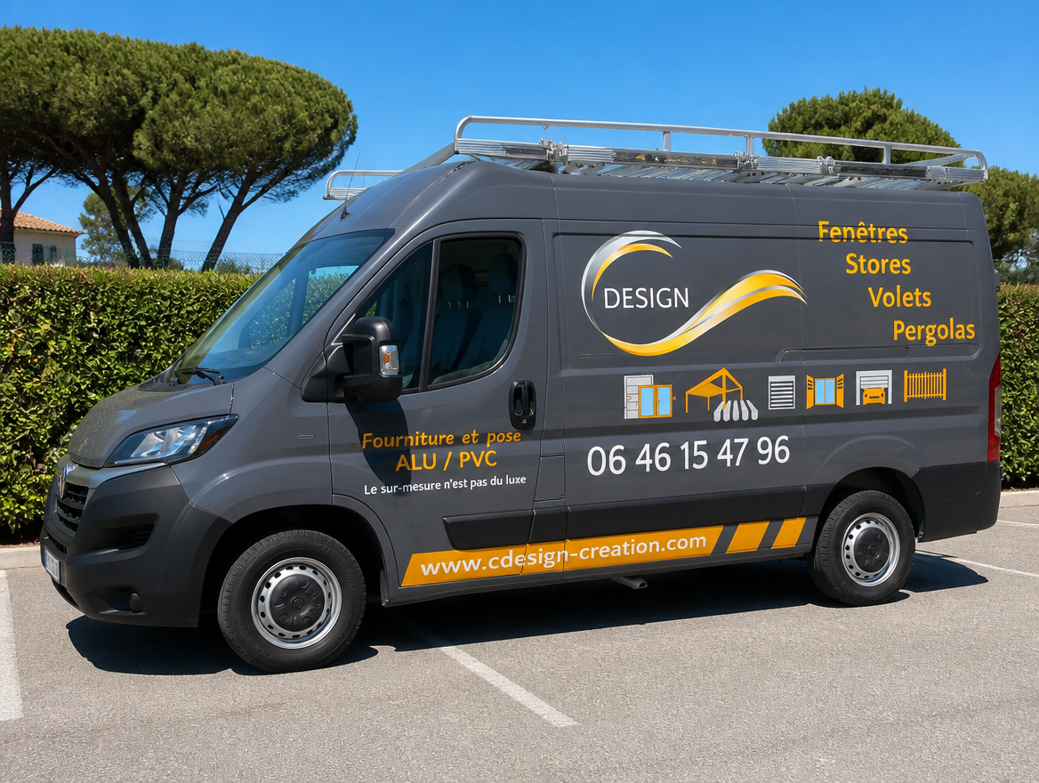 Utilitaire C DESIGN floqué fenêtres, stores, volets et pergolas, garé au soleil à Cannes