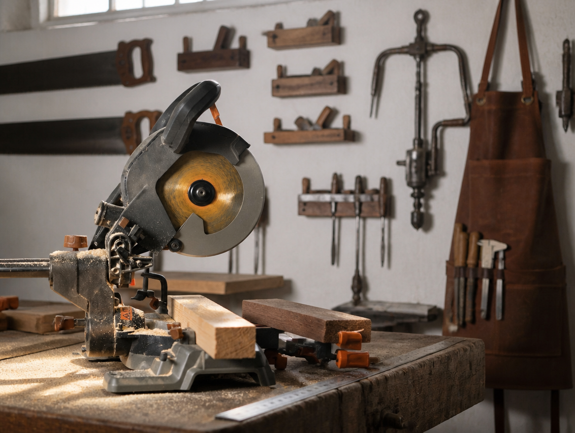 Coin d'atelier avec scie à onglet, bois fraîchement coupé et outils anciens au mur