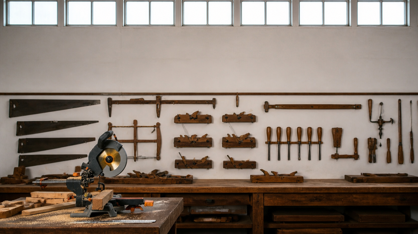Atelier de menuiserie avec établi, scie à onglet et mur d'outils anciens