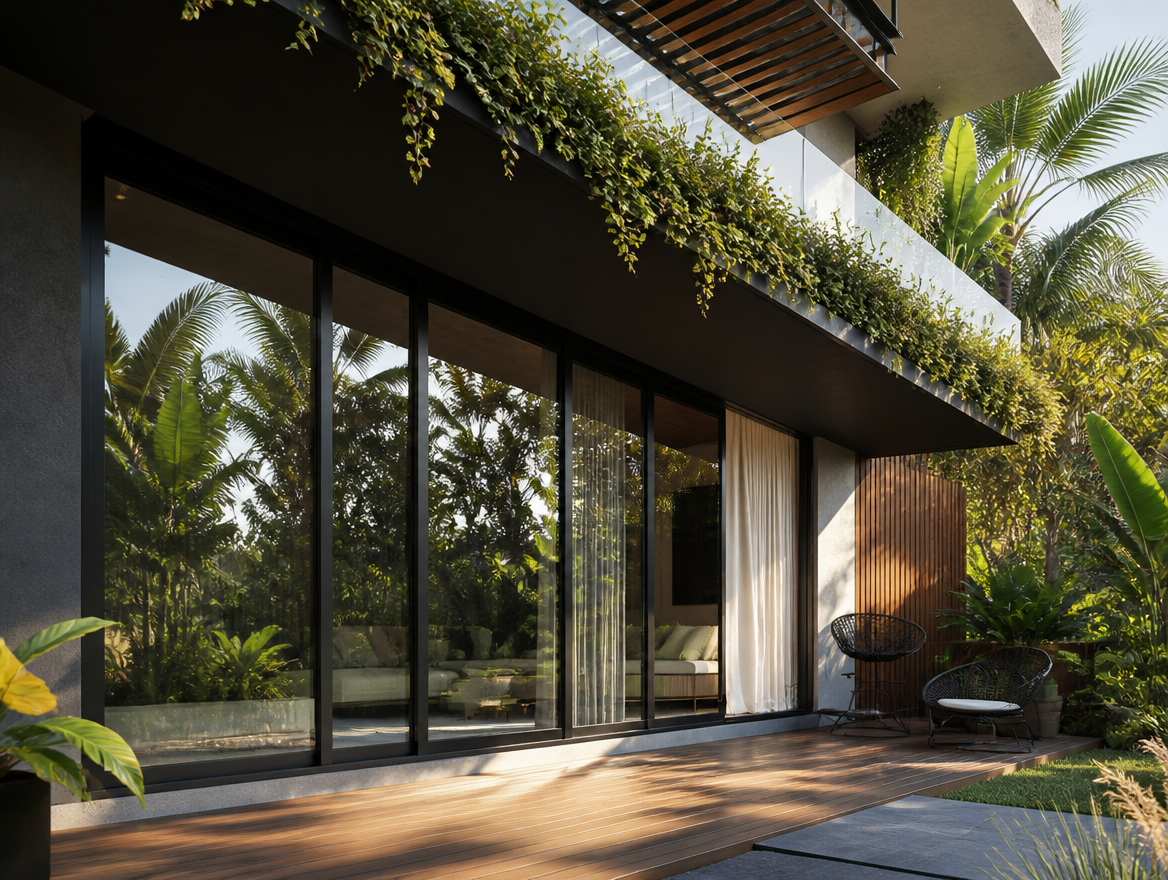 Grandes baies coulissantes noires ouvertes sur la terrasse en bois d'une villa contemporaine