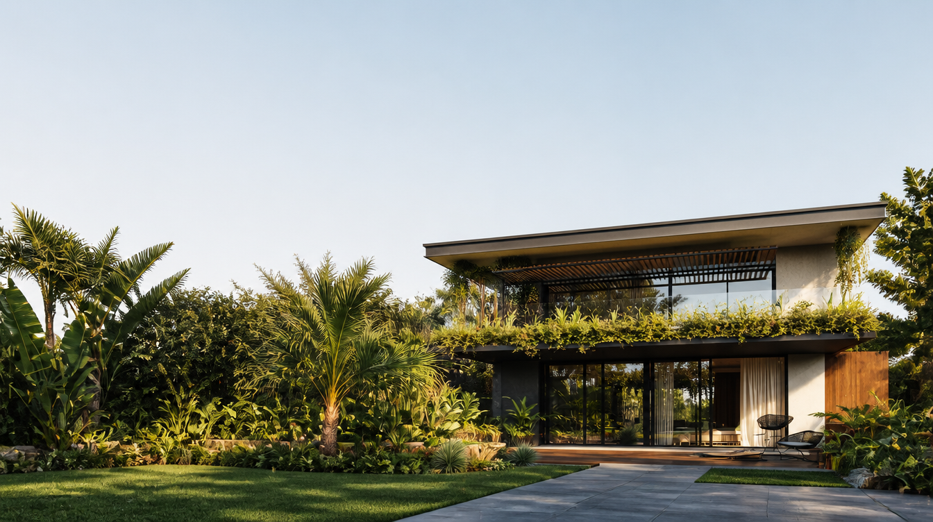 Baies vitrées aluminium noir d'une maison contemporaine, terrasse et jardin luxuriant en fin de journée