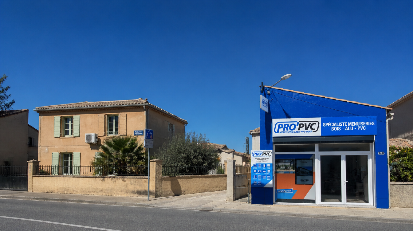 Devanture bleue du showroom PRO'PVC, enseigne menuiseries alu, PVC et bois à Bellegarde