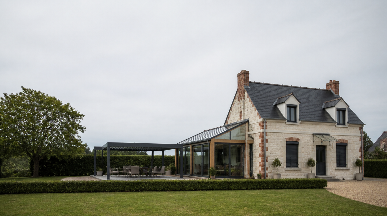 Maison tourangelle en tuffeau avec menuiseries neuves, extension vitrée et pergola bioclimatique