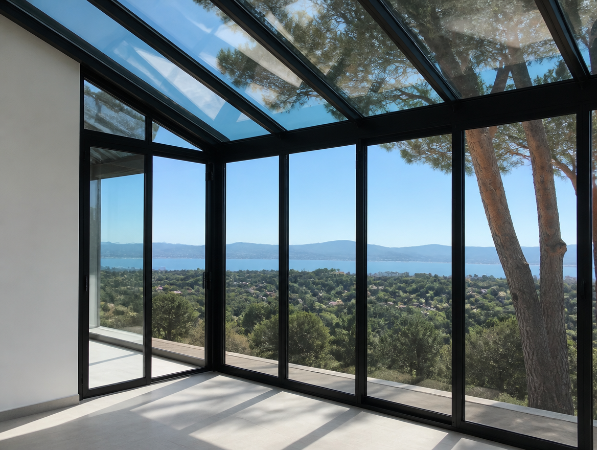 Véranda aluminium noir ouverte sur une baie et des collines boisées, ciel bleu